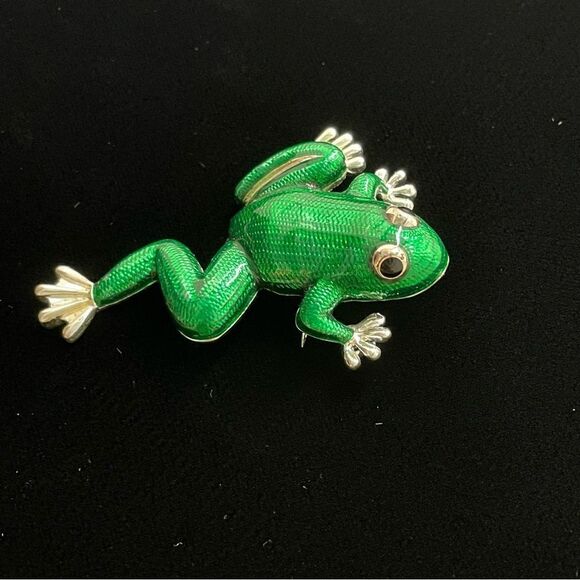 Enameled frog pin vintage silver, green, and black brooch - Picture 5 of 7